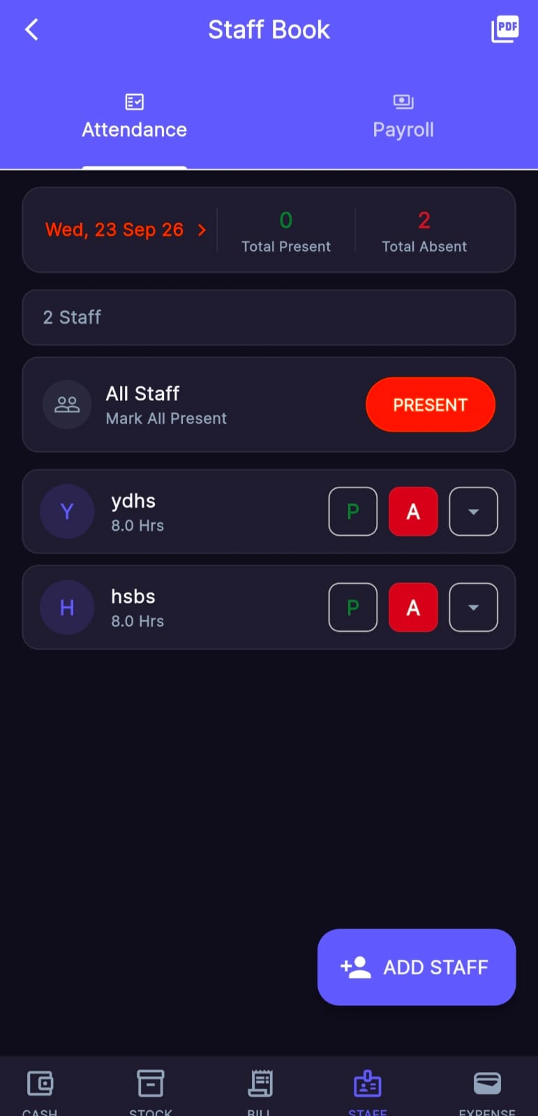 Staff Book Screenshot